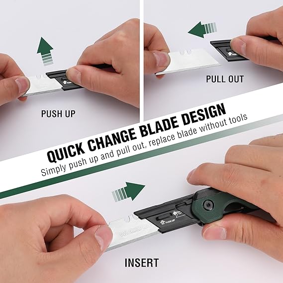 Green folding utility knife quick-change blade design with hands inserting the blade