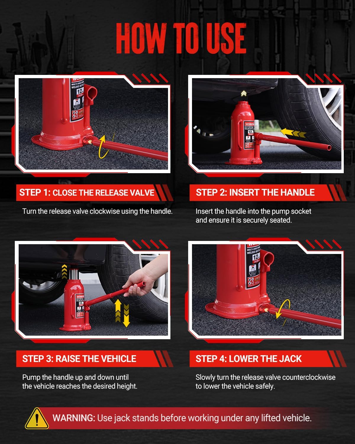 WORKPRO Bottle Jack, 12 Ton Heavy Duty Multi-Directional Welded Bottle Jack