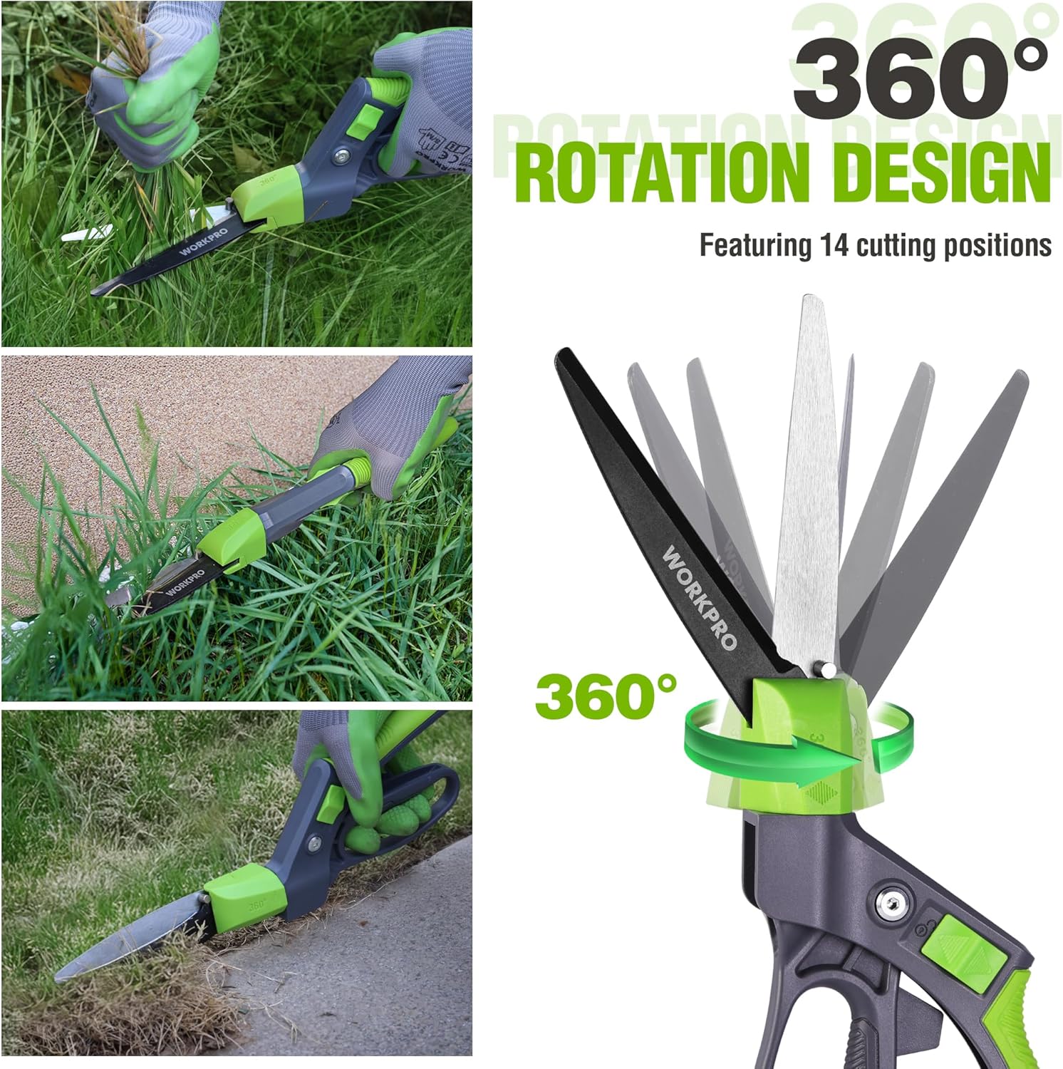 WORKPRO handheld grass shears with green-and-black frame and 360° swivel blades