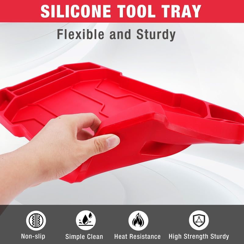 Red flexible silicone tool tray with molded slots and raised dividers