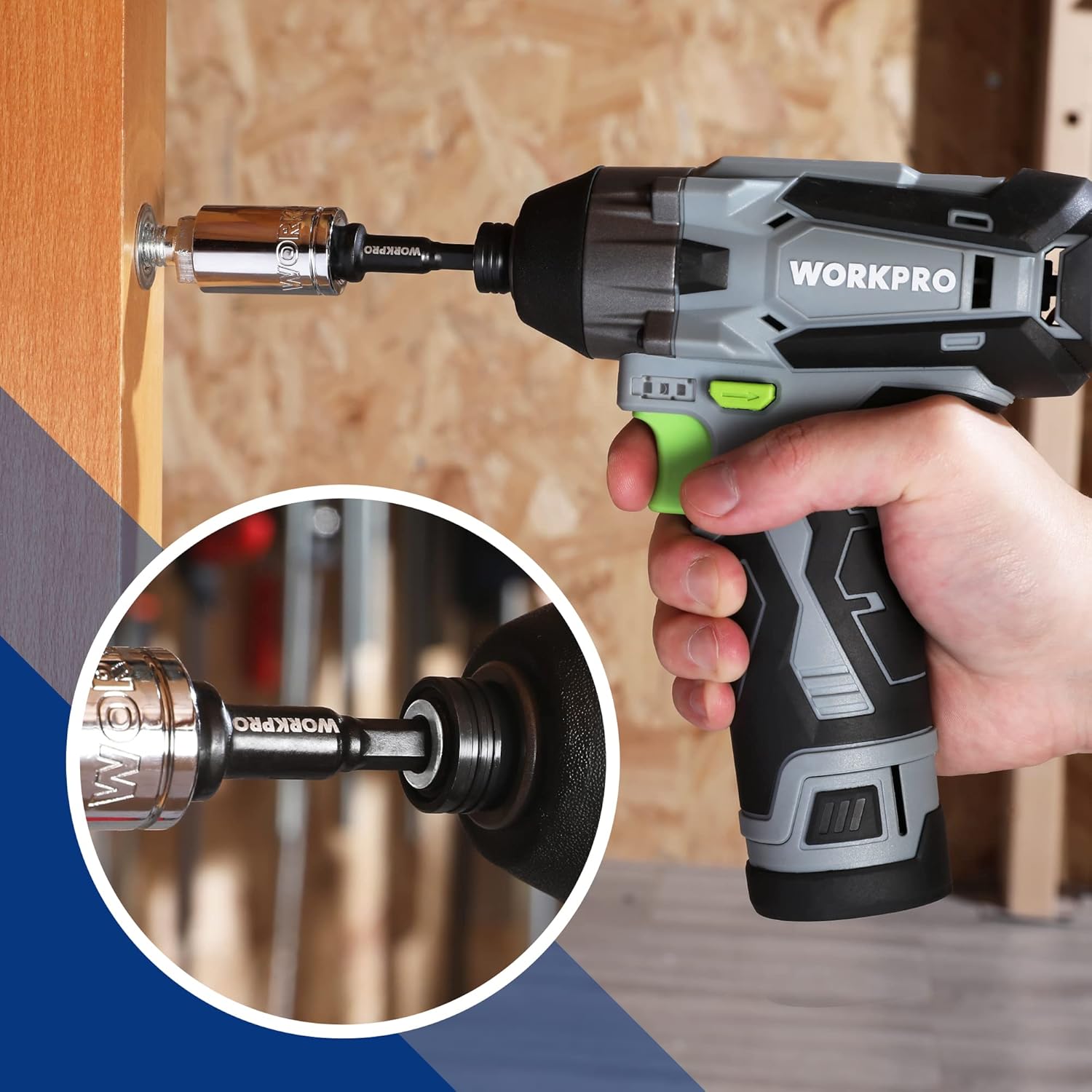 WORKPRO socket adapter extension set with drill attachment, shown with multiple sizes
