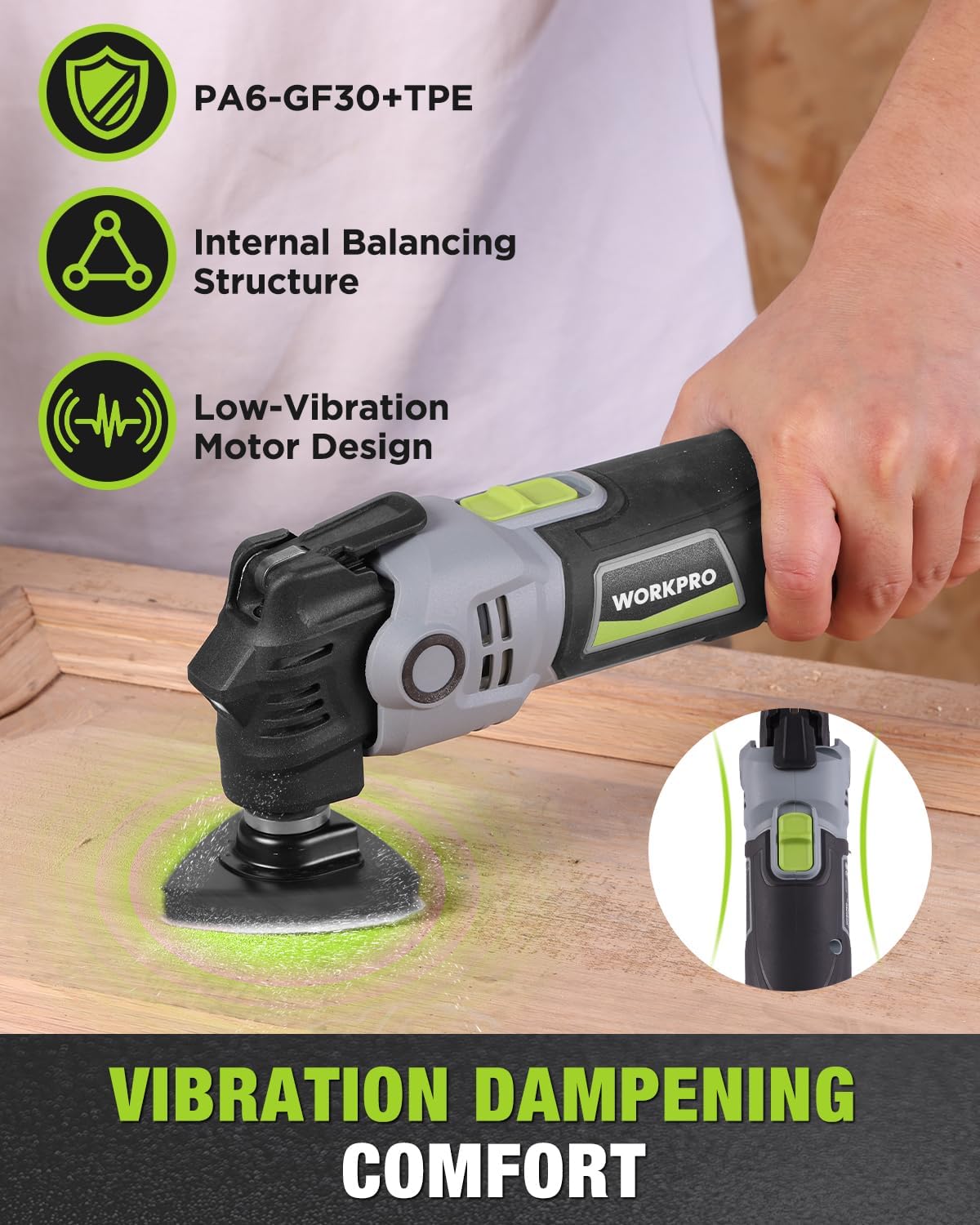 WORKPRO oscillating multi-tool in hand on wood, low-vibration motor design