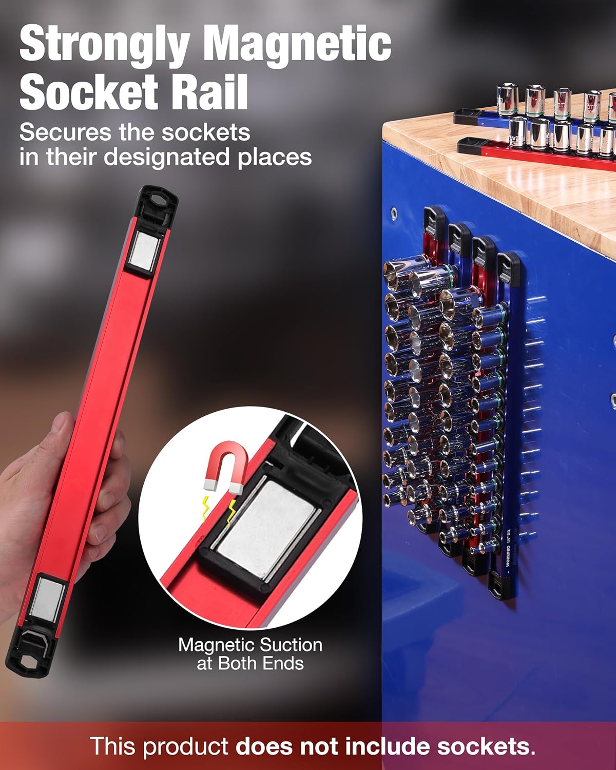 Red magnetic 3/8 in socket rail with removable black clips for tool storage
