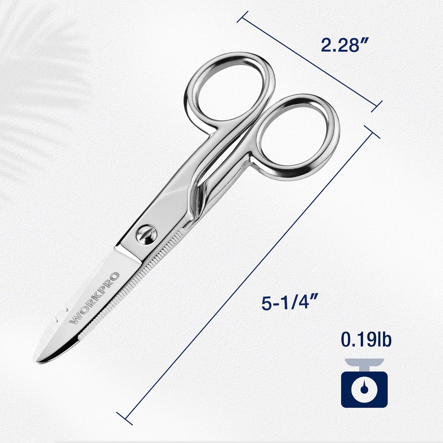 WORKPRO electrician scissors in nickel-plated stainless steel, shown with finger loops.