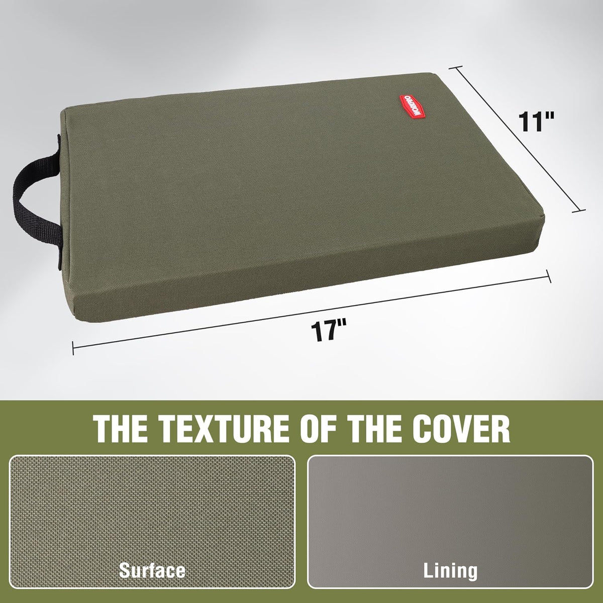 Green kneeling pad with textured fabric cover and thick foam, 17 in size shown.