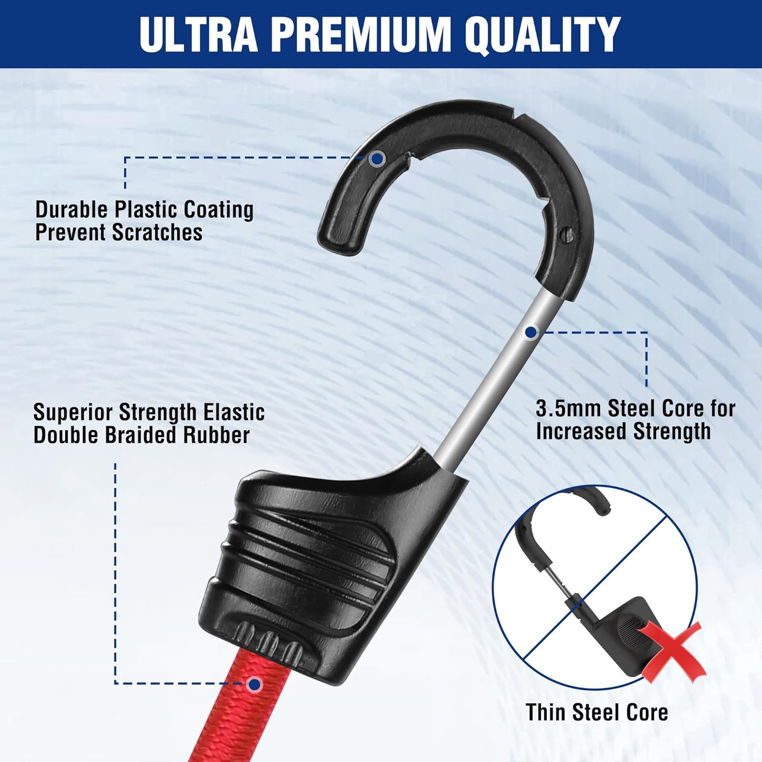 Black bungee cord with plastic-coated hook and red elastic strap