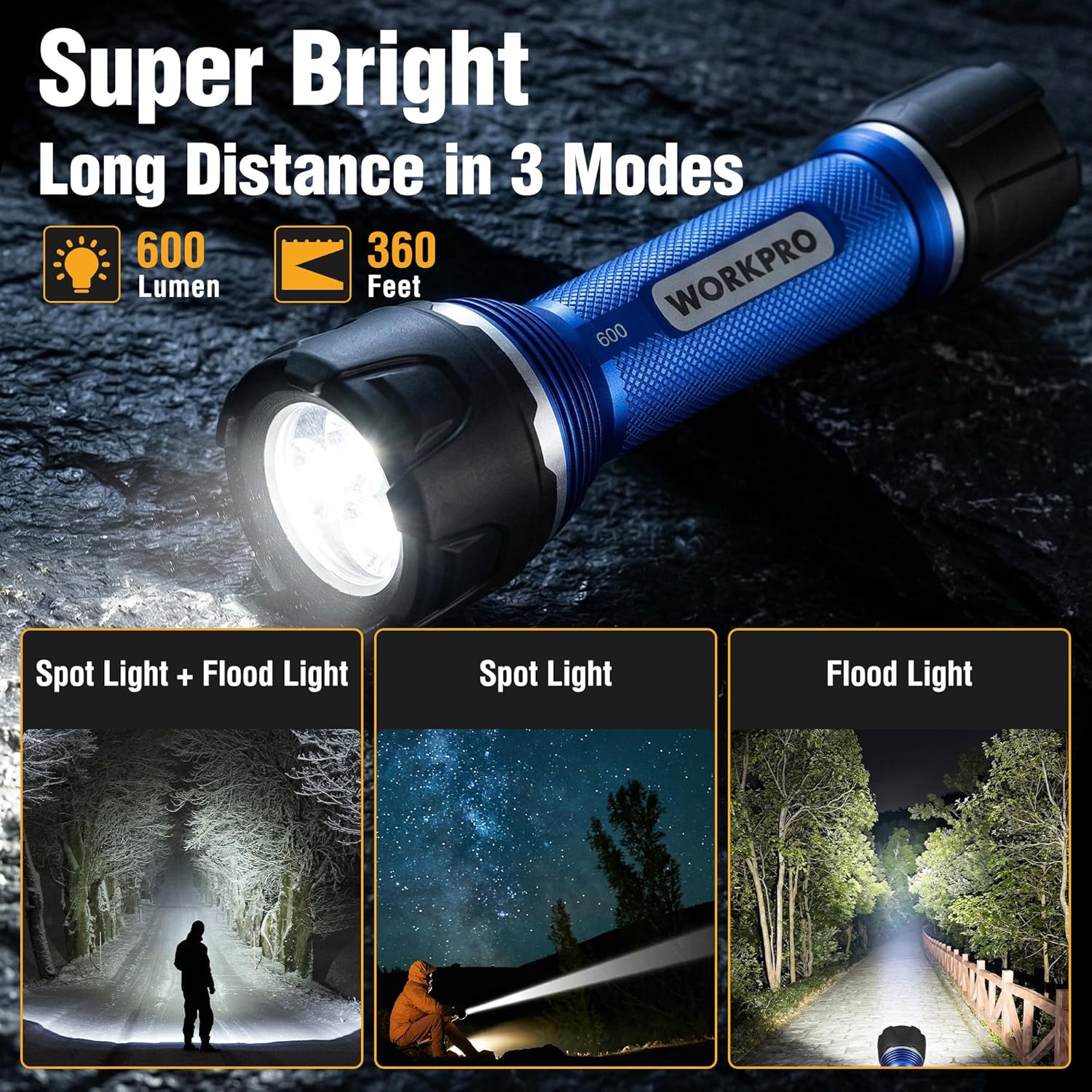 Blue-and-black LED flashlight with textured grip and wide front lens.