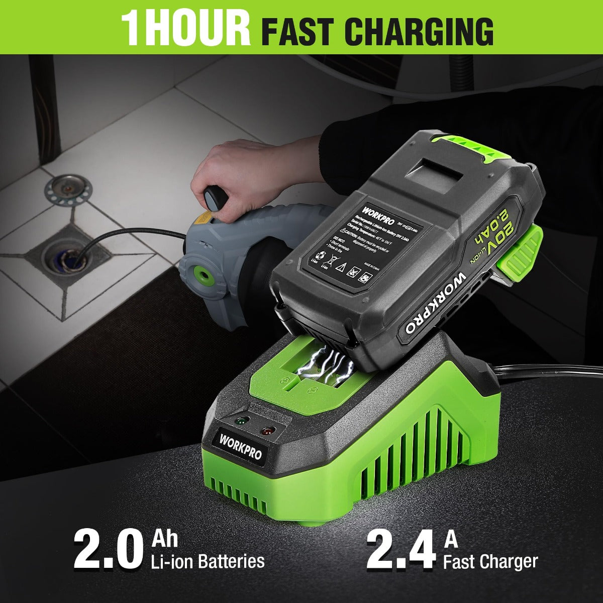 WORKPRO 20V drain auger with battery and charger, 1-hour fast charging shown