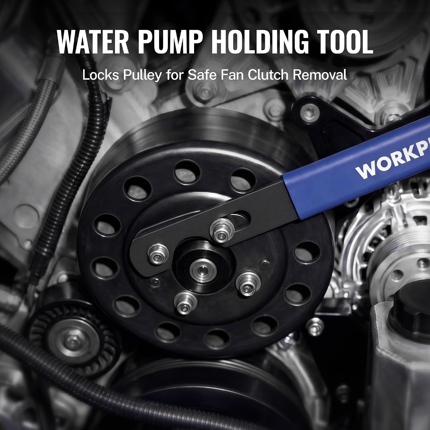 Water pump holding tool with blue bar and black plate, locking pulley on engine