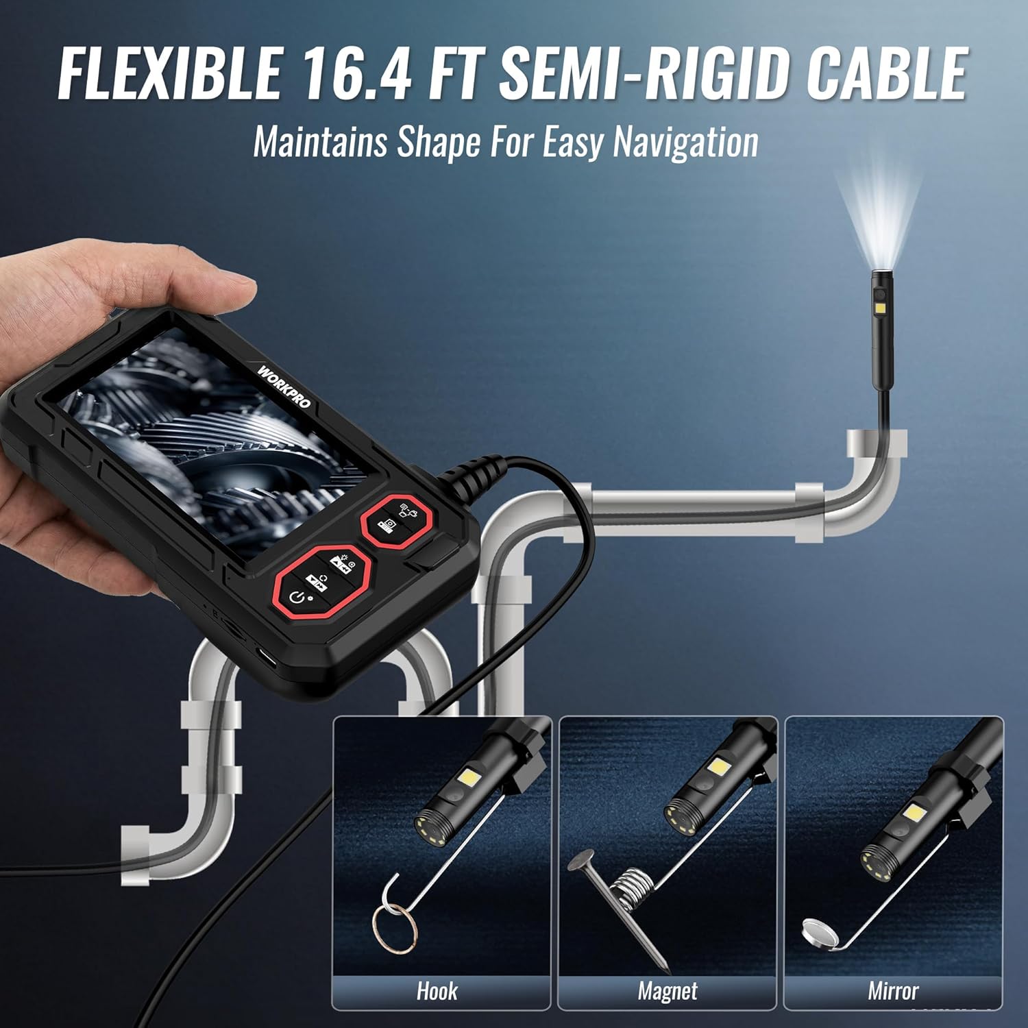 Endoscope camera with flexible 16.4 ft semi-rigid cable and inspection attachment points