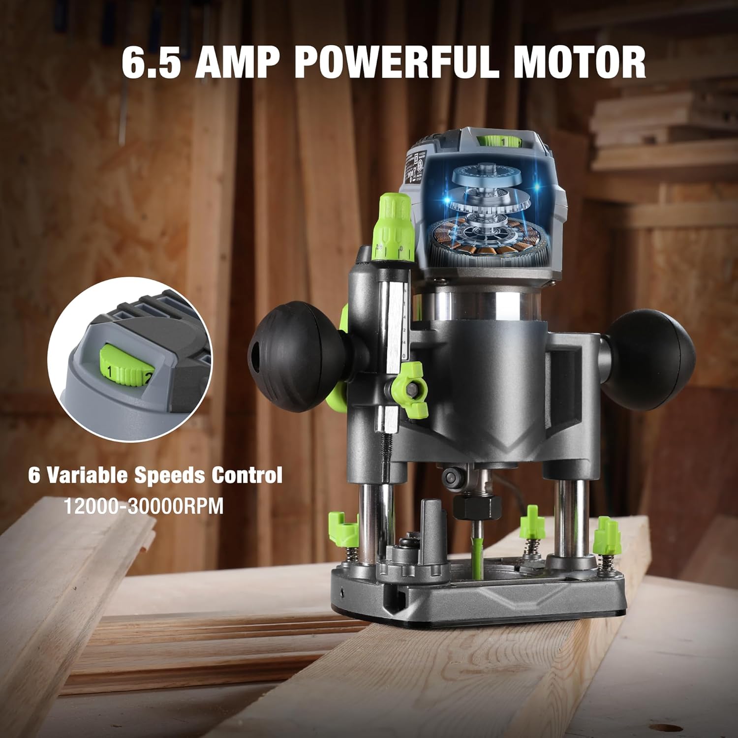WORKPRO compact plunge router with green speed dial, mounted on a base over wood