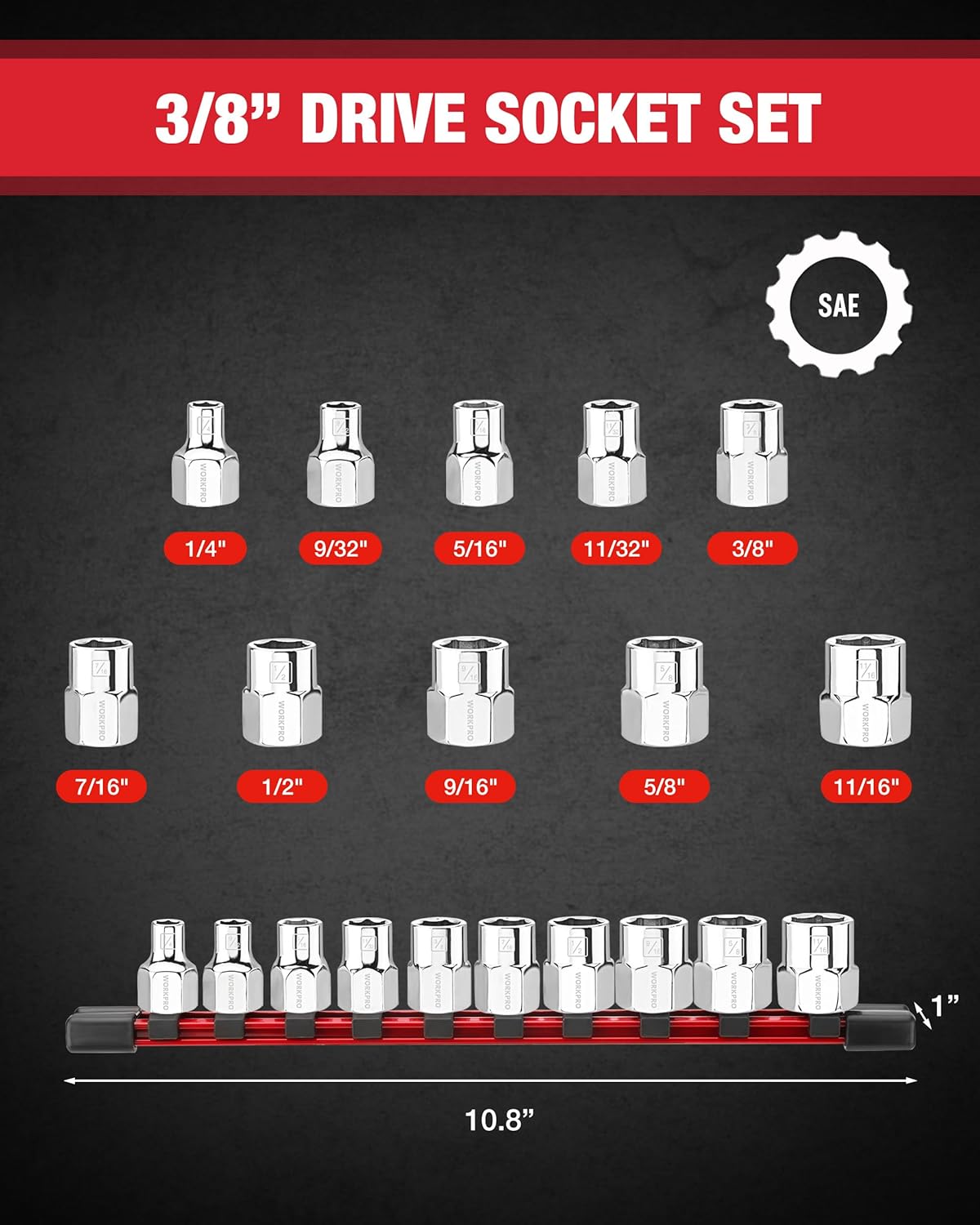 3/8-in drive SAE socket set with 10 chrome 6-point sockets on red rail