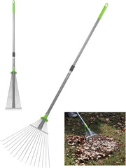 Adjustable garden leaf rake with telescopic metal handle and wide fan steel tines