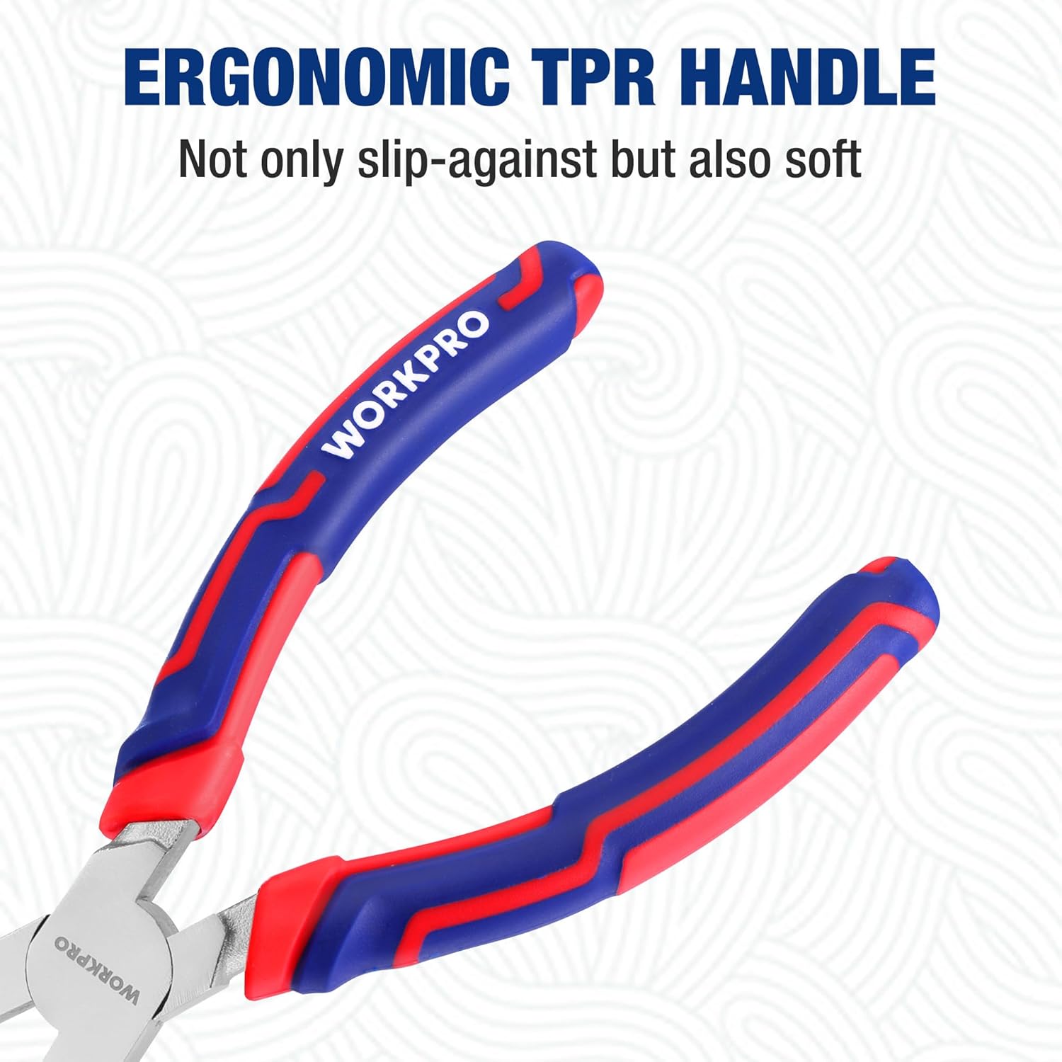 Ergonomic TPR handle pliers with blue/red grips and silver serrated jaw
