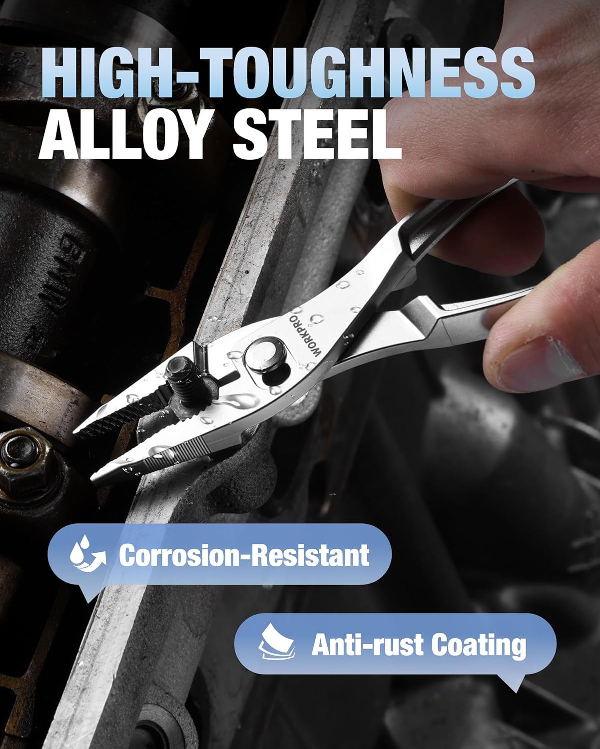 WORKPRO long nose slip joint pliers shown on alloy steel with anti-rust coating