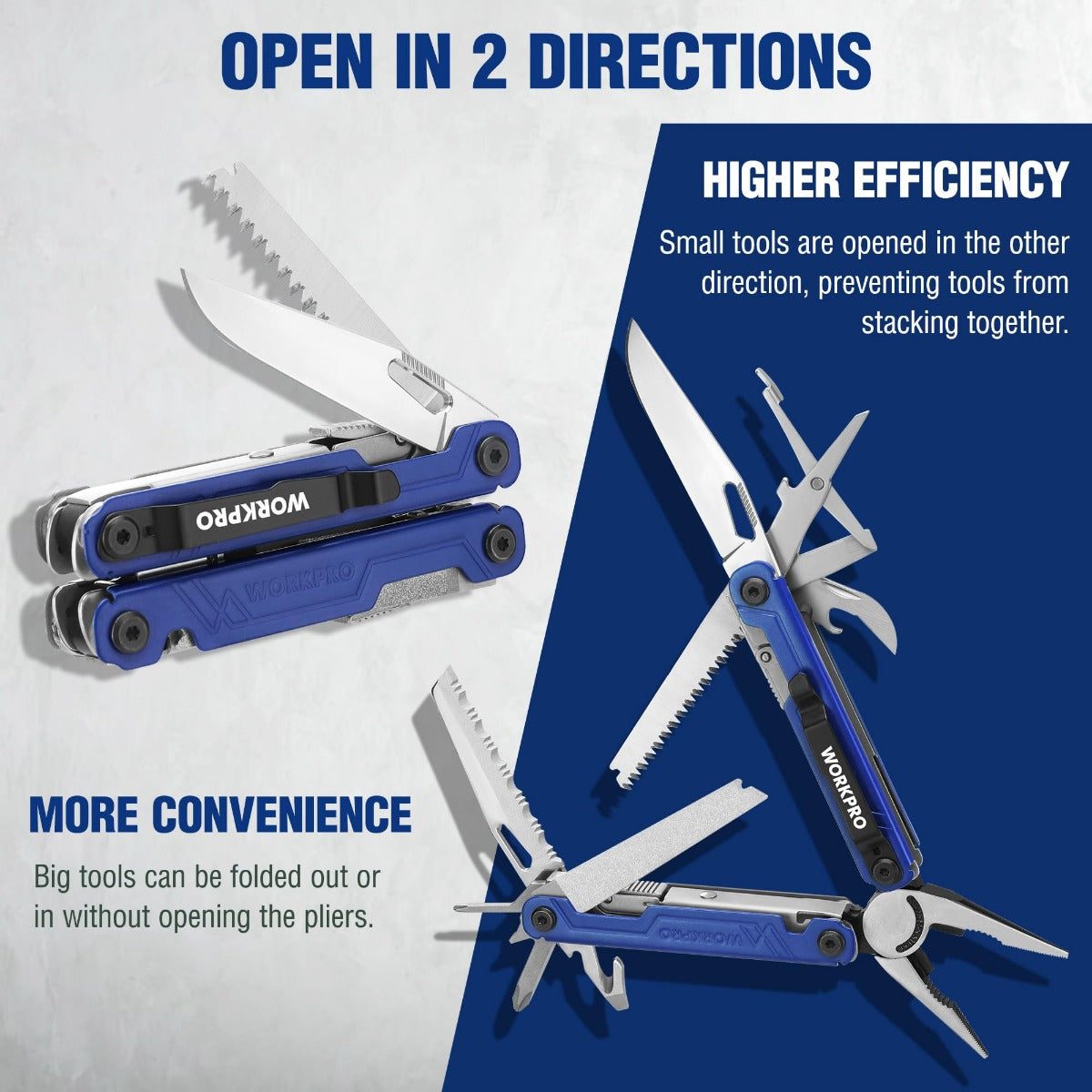 18-in-1 multi tool pliers, blue with tools deployed in two directions for cutting and prying