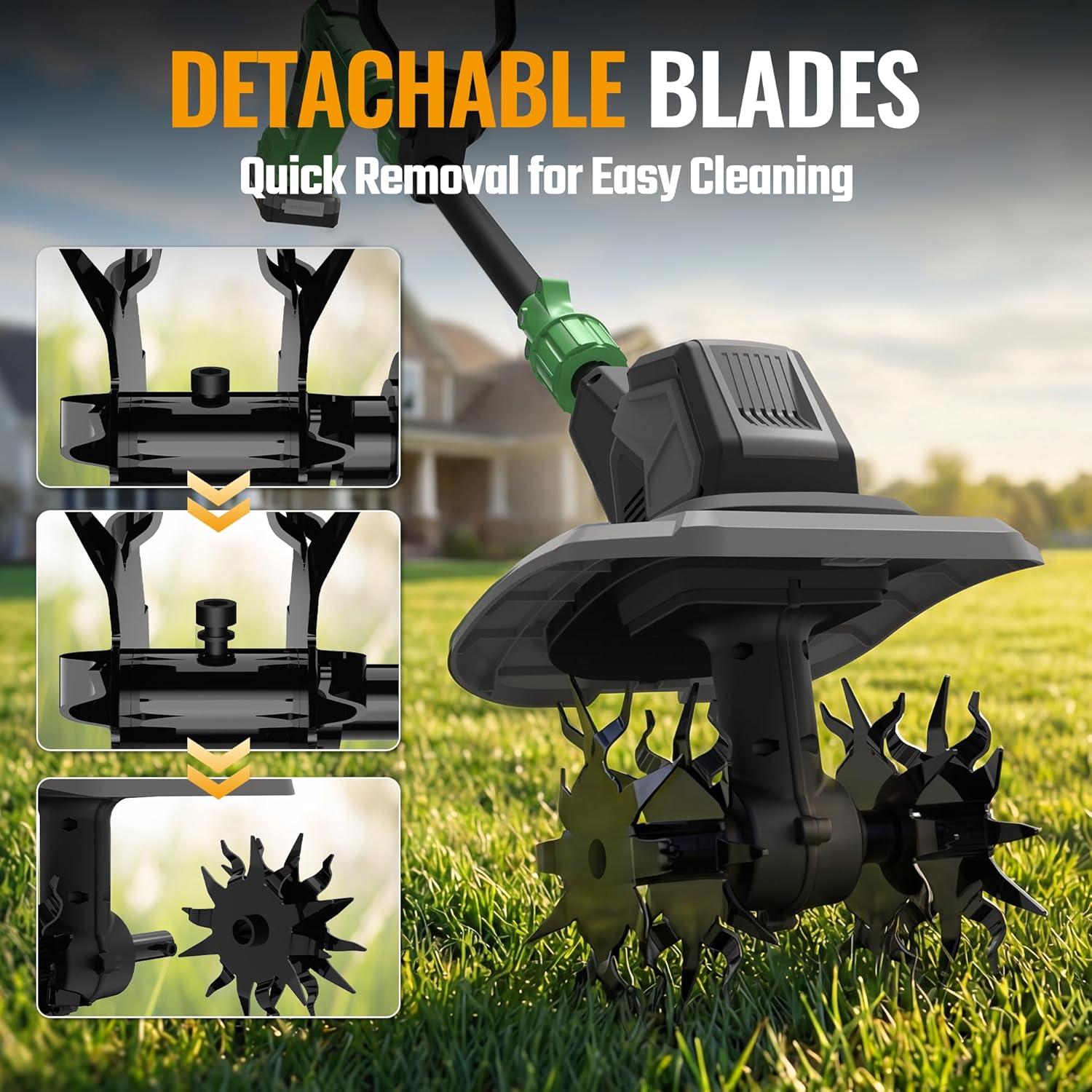 Detachable blade rototiller head with multiple steel tines, green and black