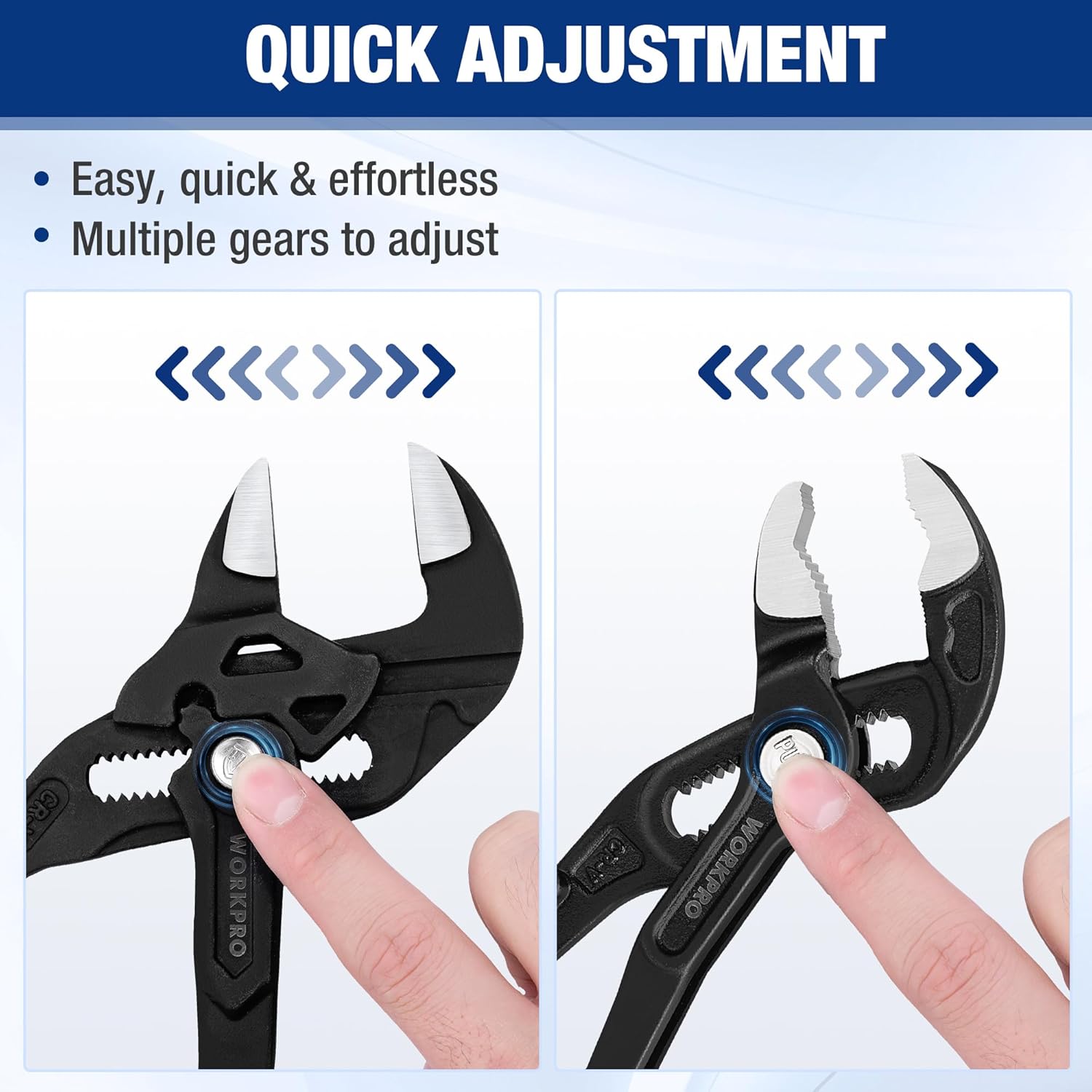 Pair of adjustable pliers with quick adjustment gears, black jaw handles with blue accents