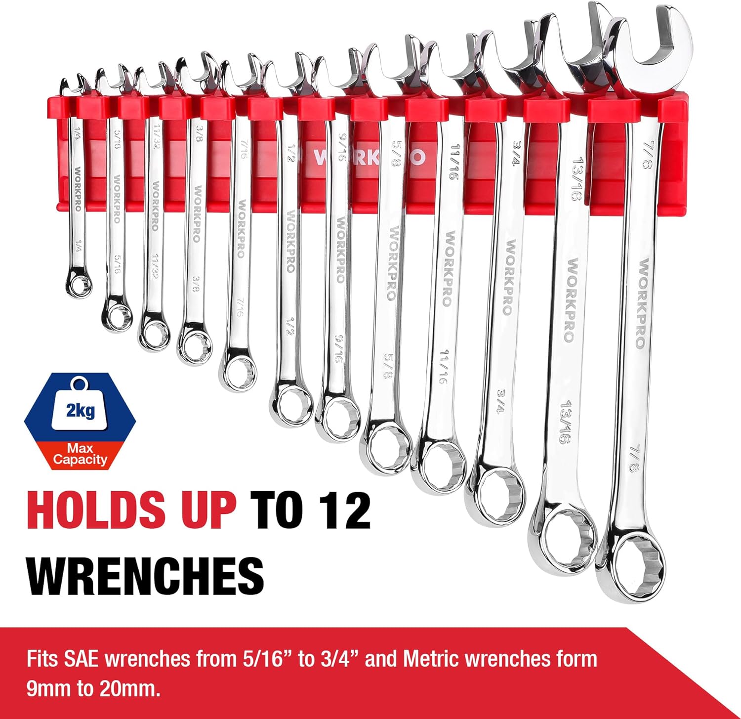 WORKPRO wrench rack with red and chrome combination wrenches lined in rows
