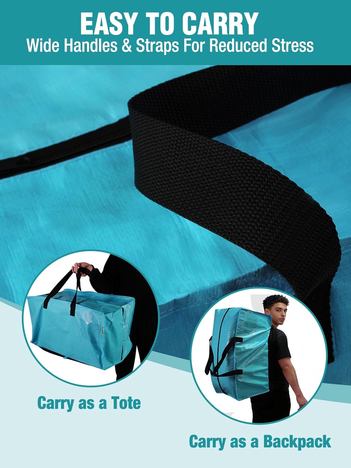 Blue moving tote with wide black handles and backpack-style carry straps