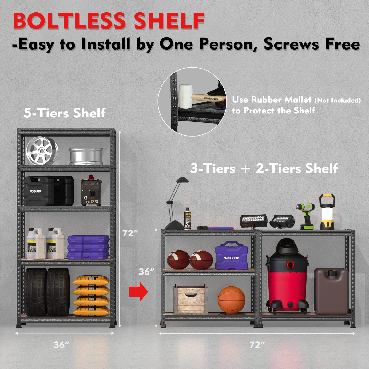 Boltless 5-tier metal storage rack with screws-free assembly and shelf protection