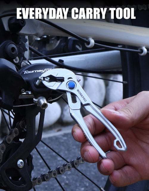 Bicycle tool with Tourney TX and WORKPRO text, held in hand, innovation and quality on the frame