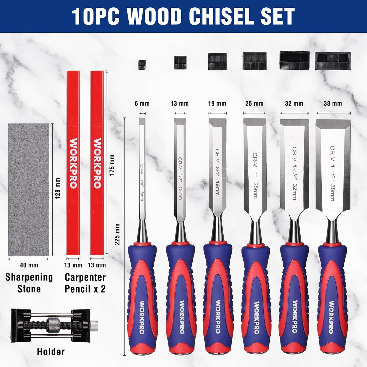 WORKPRO 10-Piece Wood Chisel Set for Woodworking, Cr-V Bevel Edge Chisels (1/4", 1/2", 3/4", 1", 1-1/4", 1-1/2") with Sharpening Stone, Honing Guide, Carpenter Pencils & Storage Case