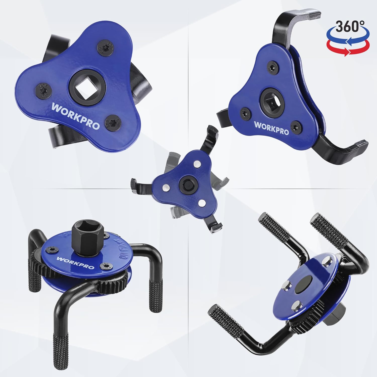 Blue universal oil filter wrench with rotating head design and black grip handles