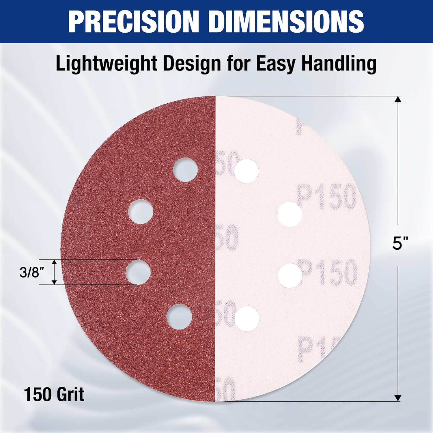 5-inch 8-hole hook-and-loop sanding disc, 150 grit, round with dust holes