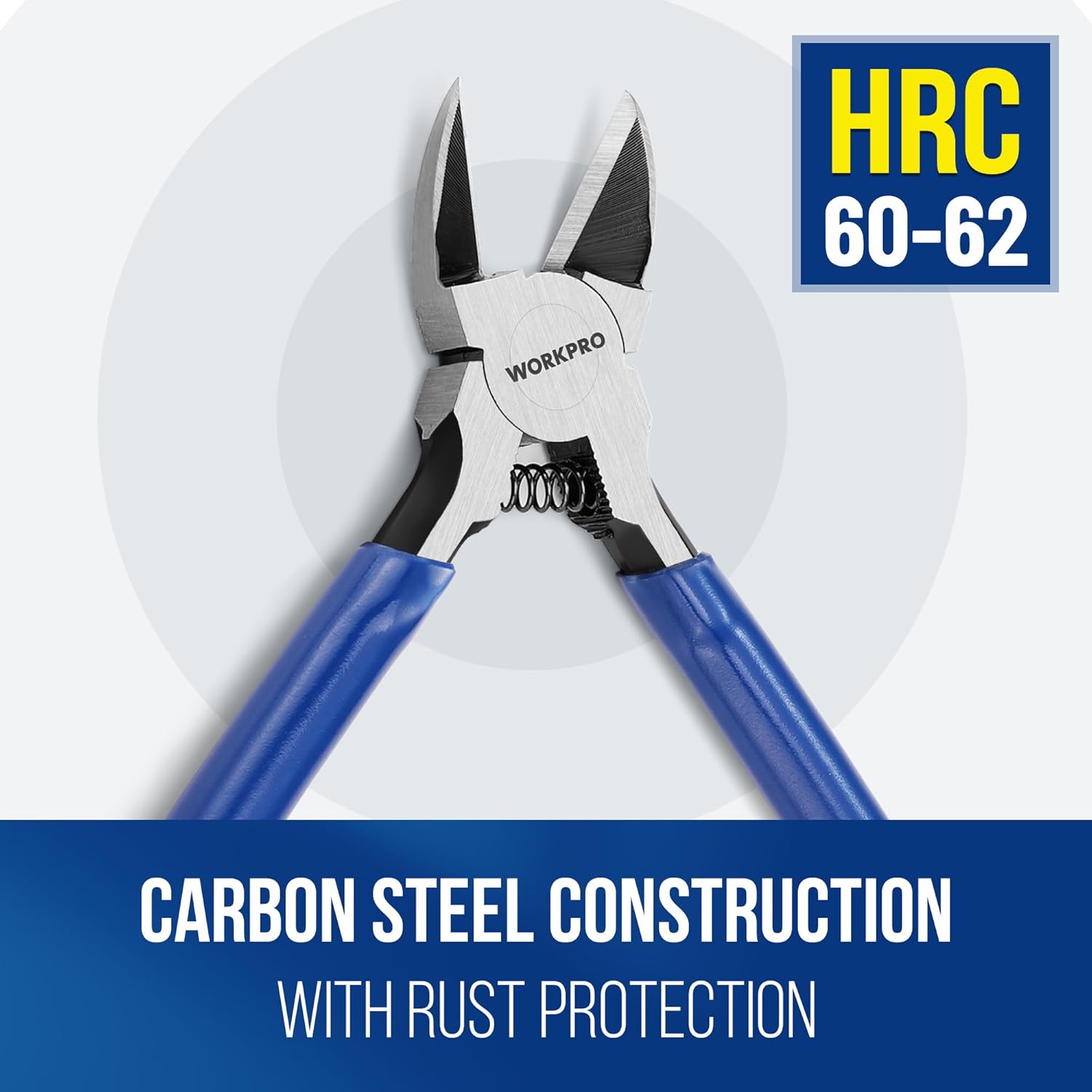 WORKPRO flush cut side cutting pliers, spring-loaded, blue handles and black jaws