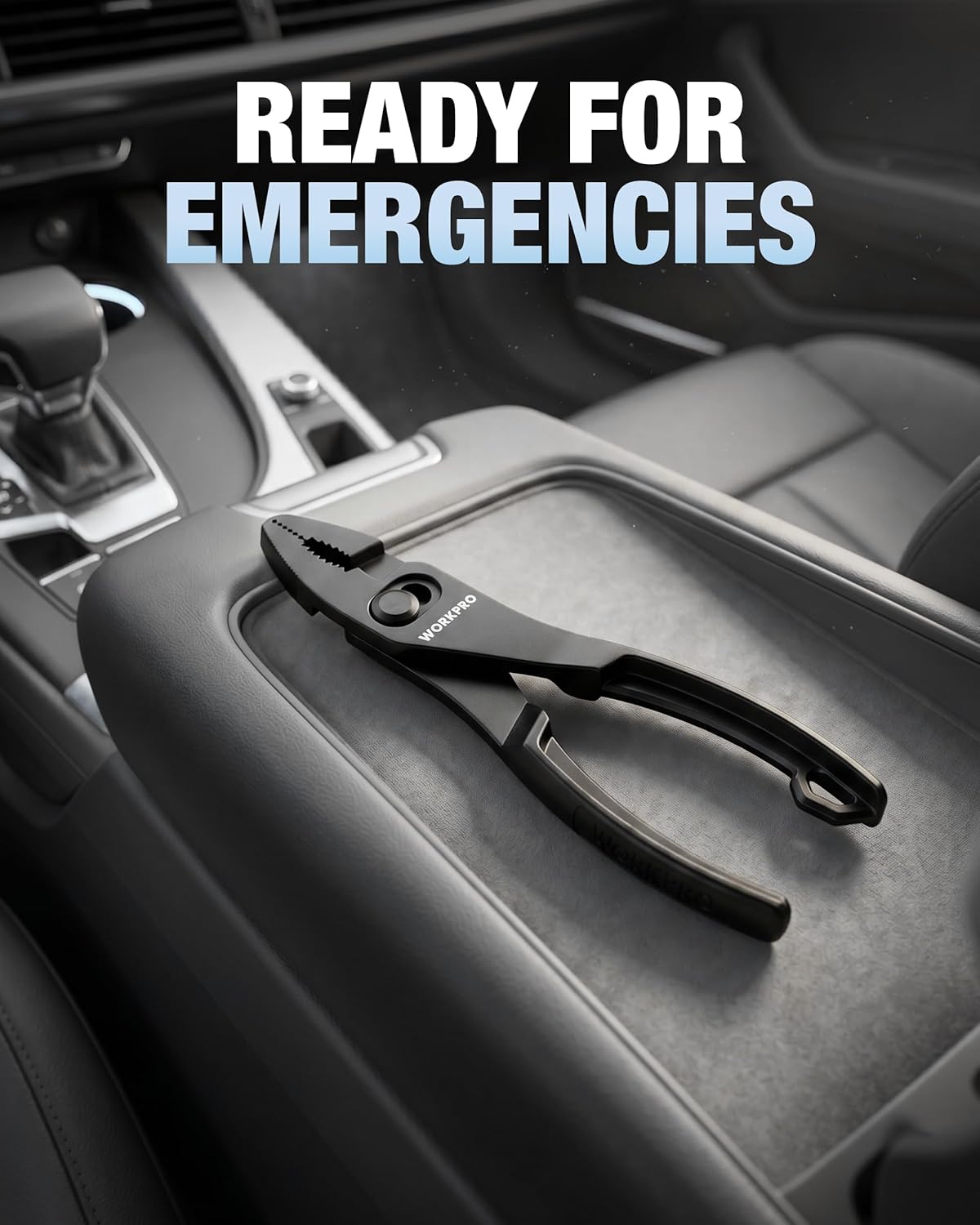 WORKPRO slip joint pliers on car seat console, compact design with serrated jaws