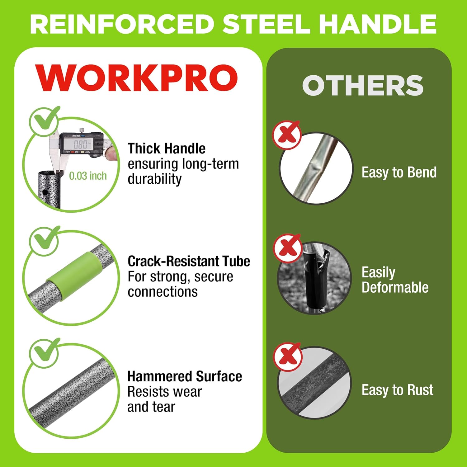 Reinforced steel handle with hammered texture and green grip