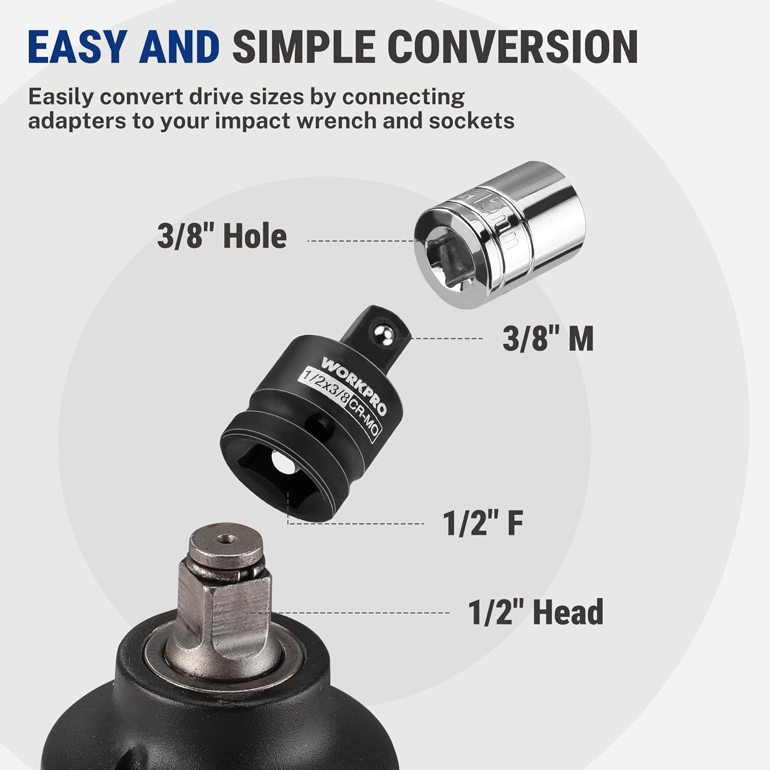 Impact socket adapter converting drive sizes with 3/8 hole, 3/8 M, 1/2 F head, 1/2 inch
