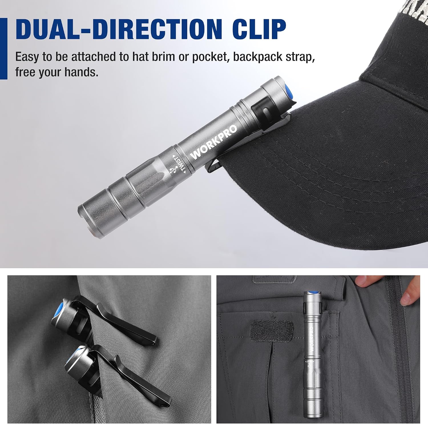 Gray rechargeable pen light with dual-direction pocket clip on a cap