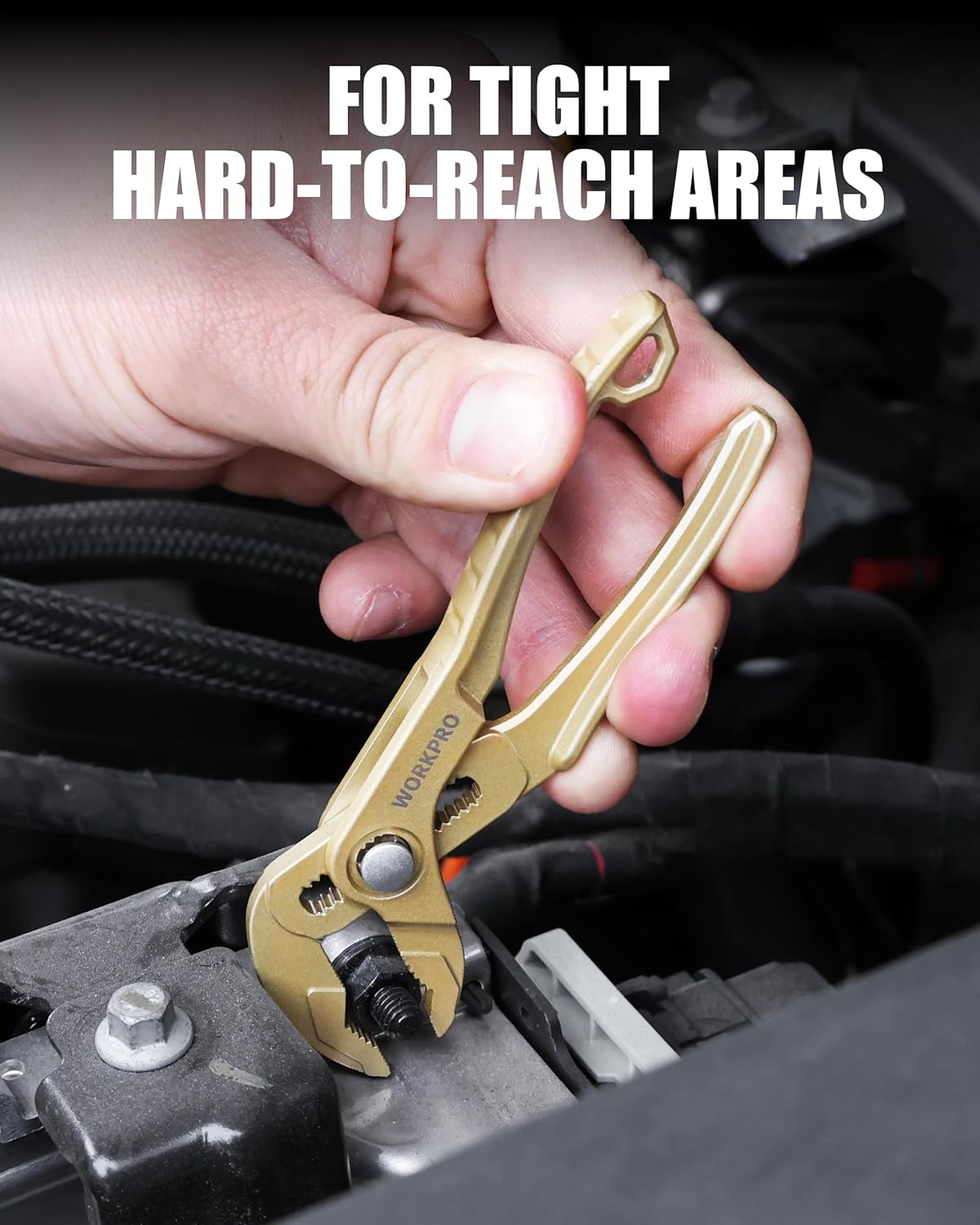 WORKPRO mini water pump plier for tight spaces, champagne finish with thumb grip
