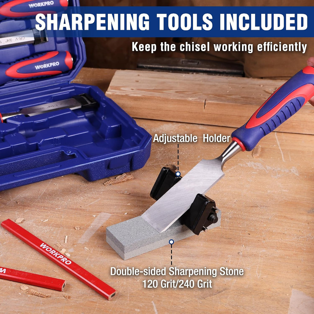 WORKPRO 10-Piece Wood Chisel Set for Woodworking, Cr-V Bevel Edge Chisels (1/4", 1/2", 3/4", 1", 1-1/4", 1-1/2") with Sharpening Stone, Honing Guide, Carpenter Pencils & Storage Case
