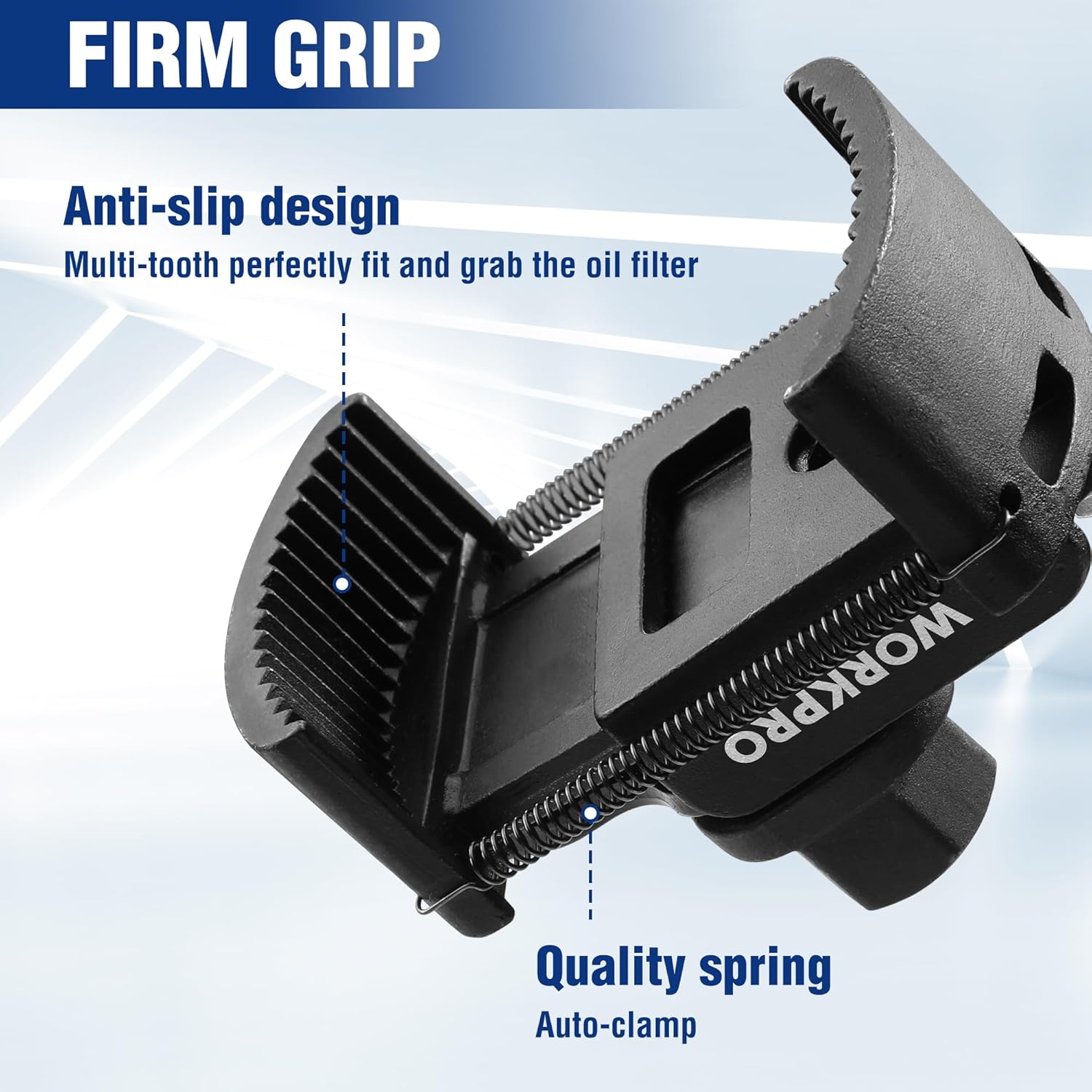 Universal oil filter wrench with firm anti-slip multi-tooth grip and auto-clamp spring