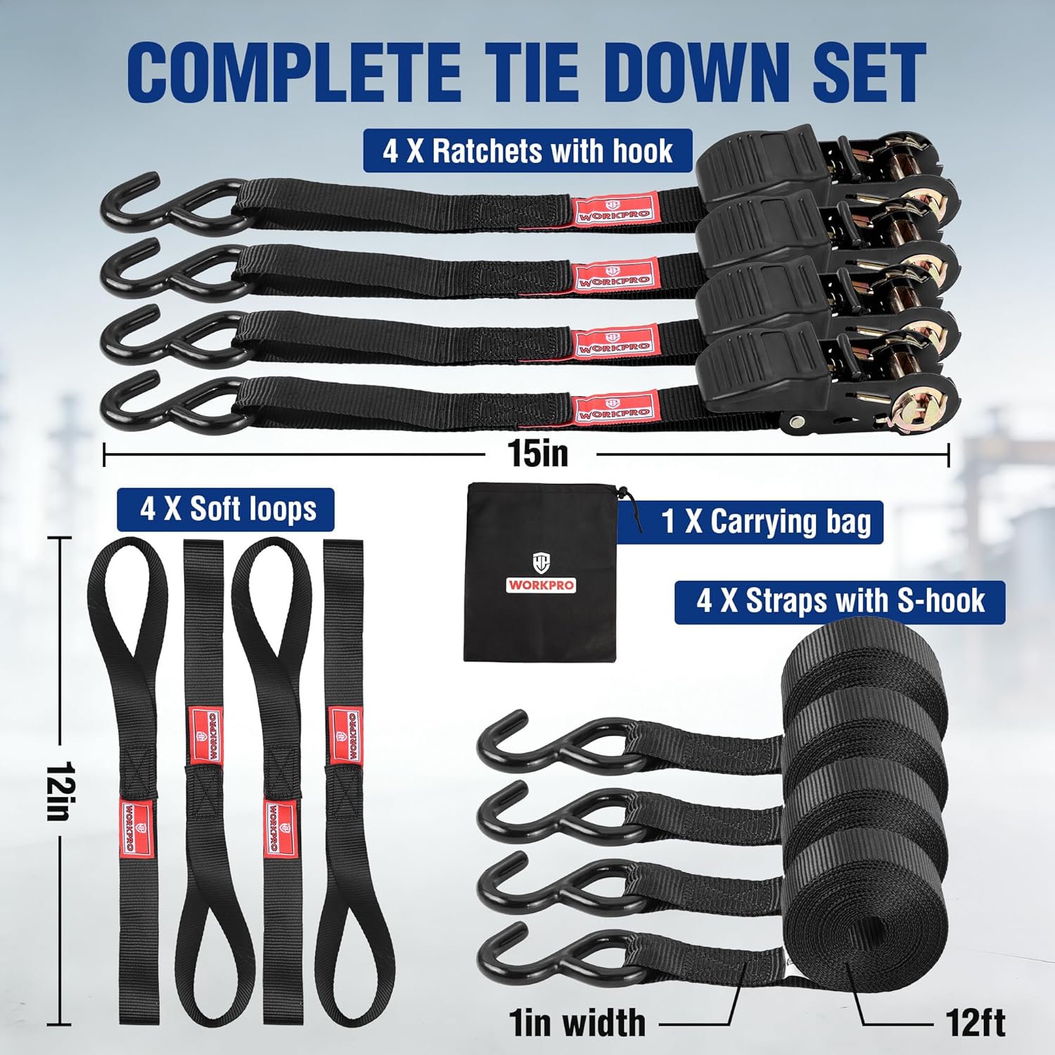 Black WORKPRO ratchet tie down set with 4 ratchets, soft loops, hooks, and carrying bags