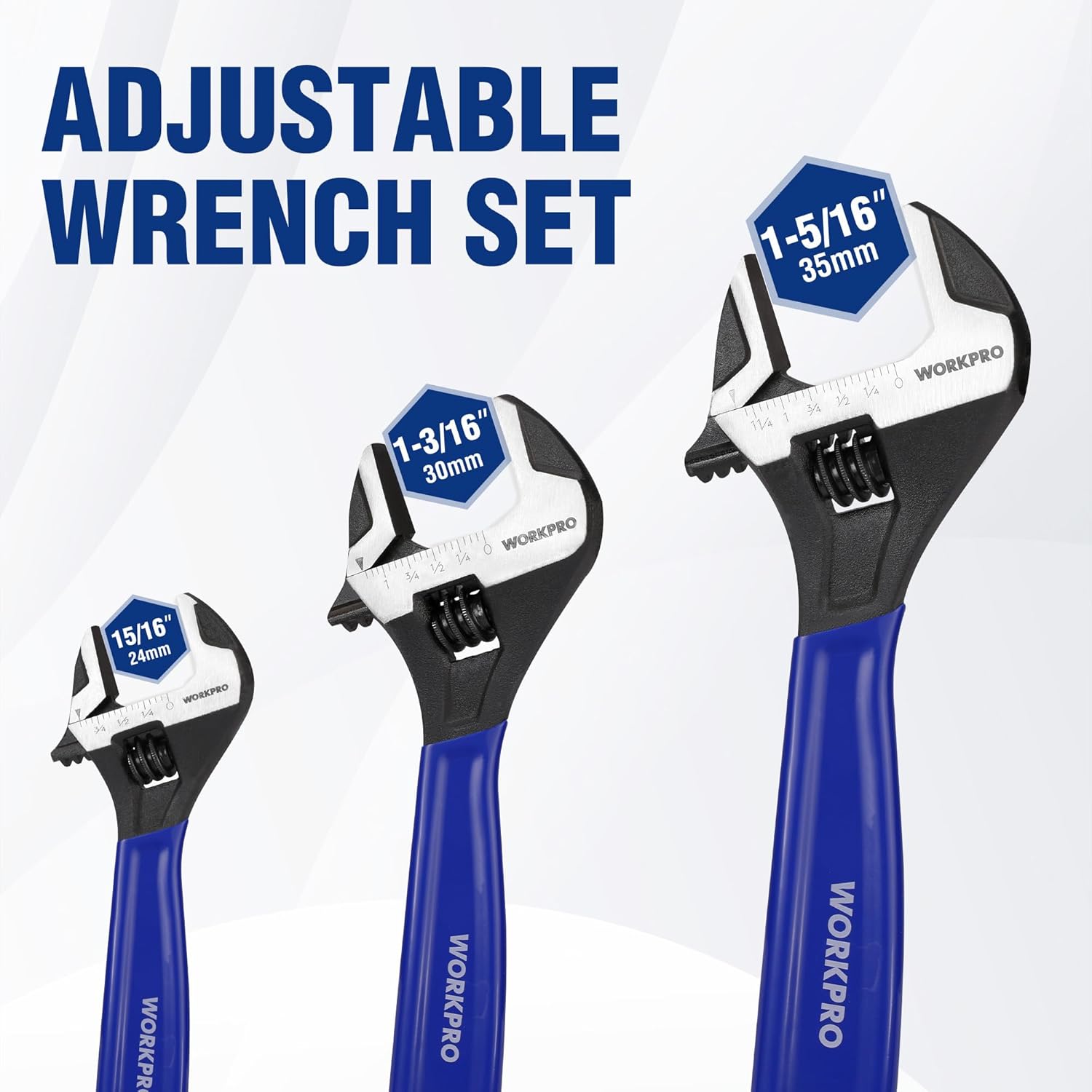 3-piece adjustable wrench set with blue handles and black adjustable heads