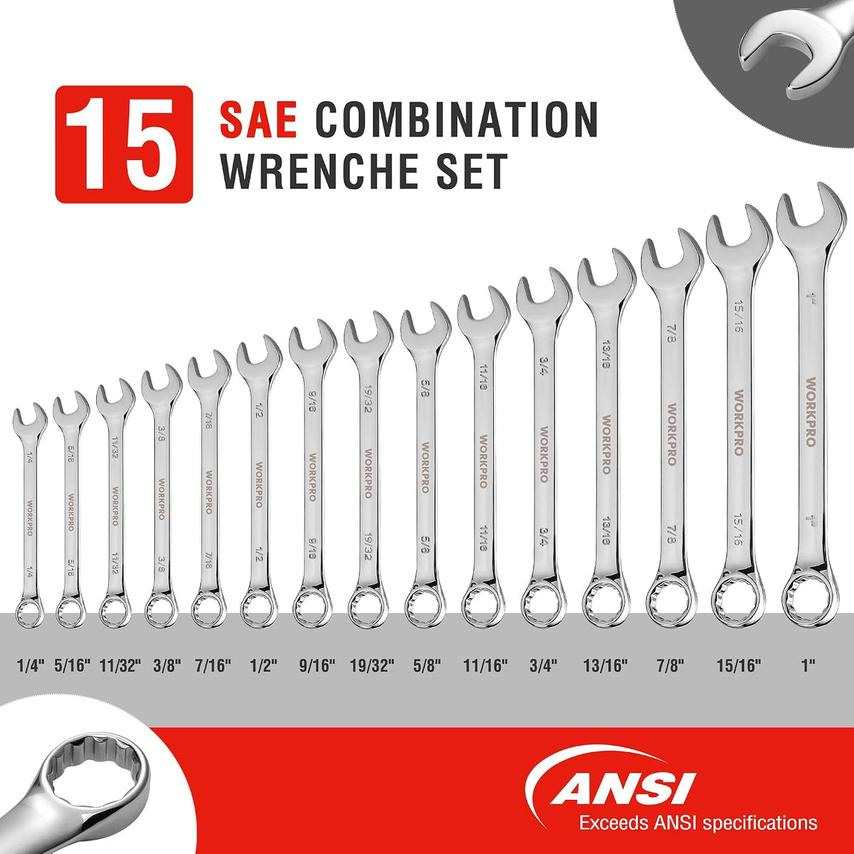 15-piece SAE combination wrench set with chrome finish, sizes 1/4 in to 1 in