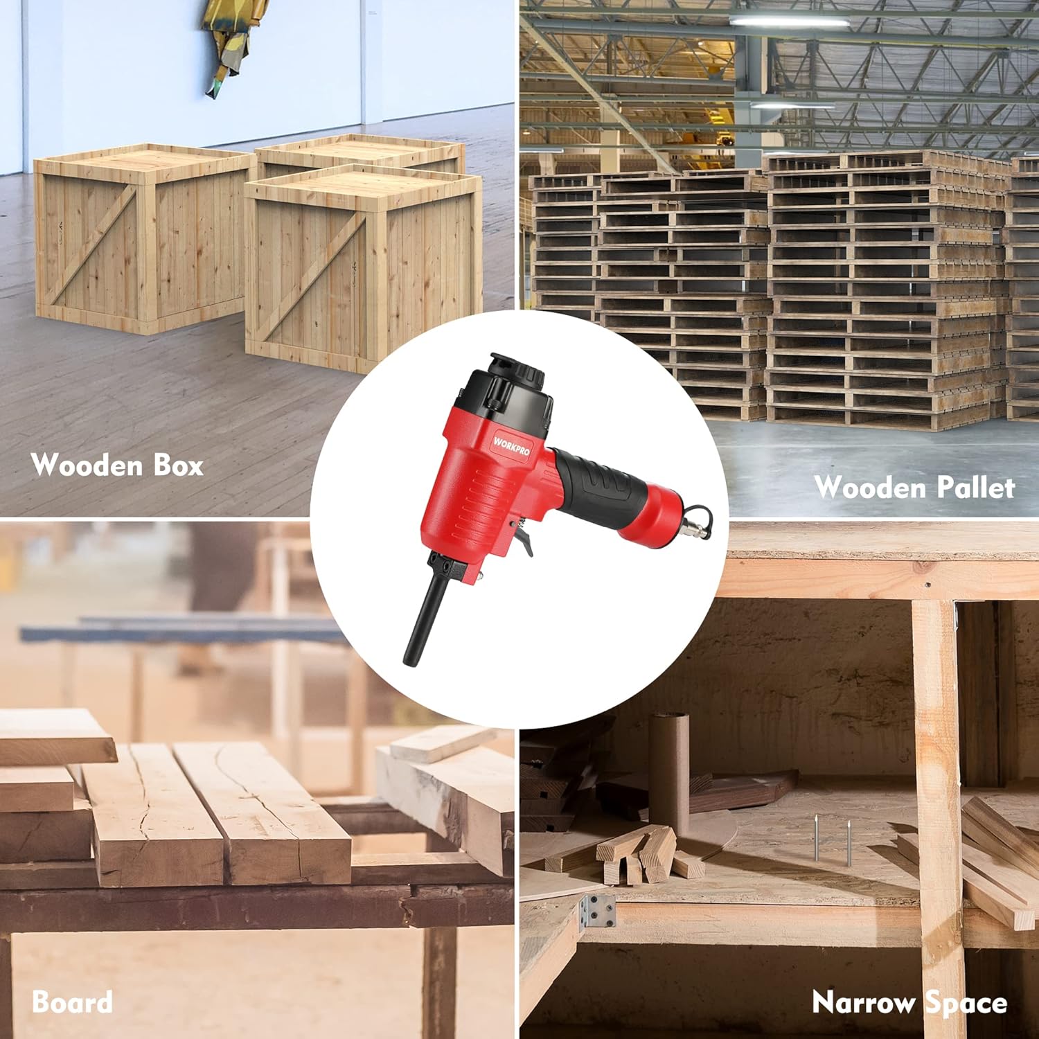 Pneumatic nail remover shown in use on wooden boards inside a workshop setting