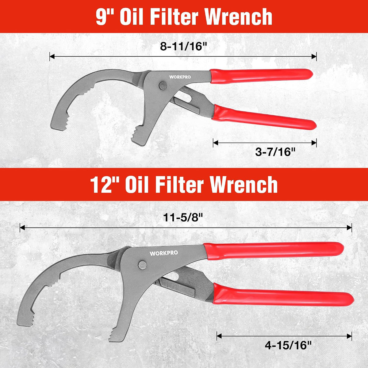 WORKPRO Oil Filter Wrench Set, 9" & 12" Oil Filter Removal Pliers Tools, Red