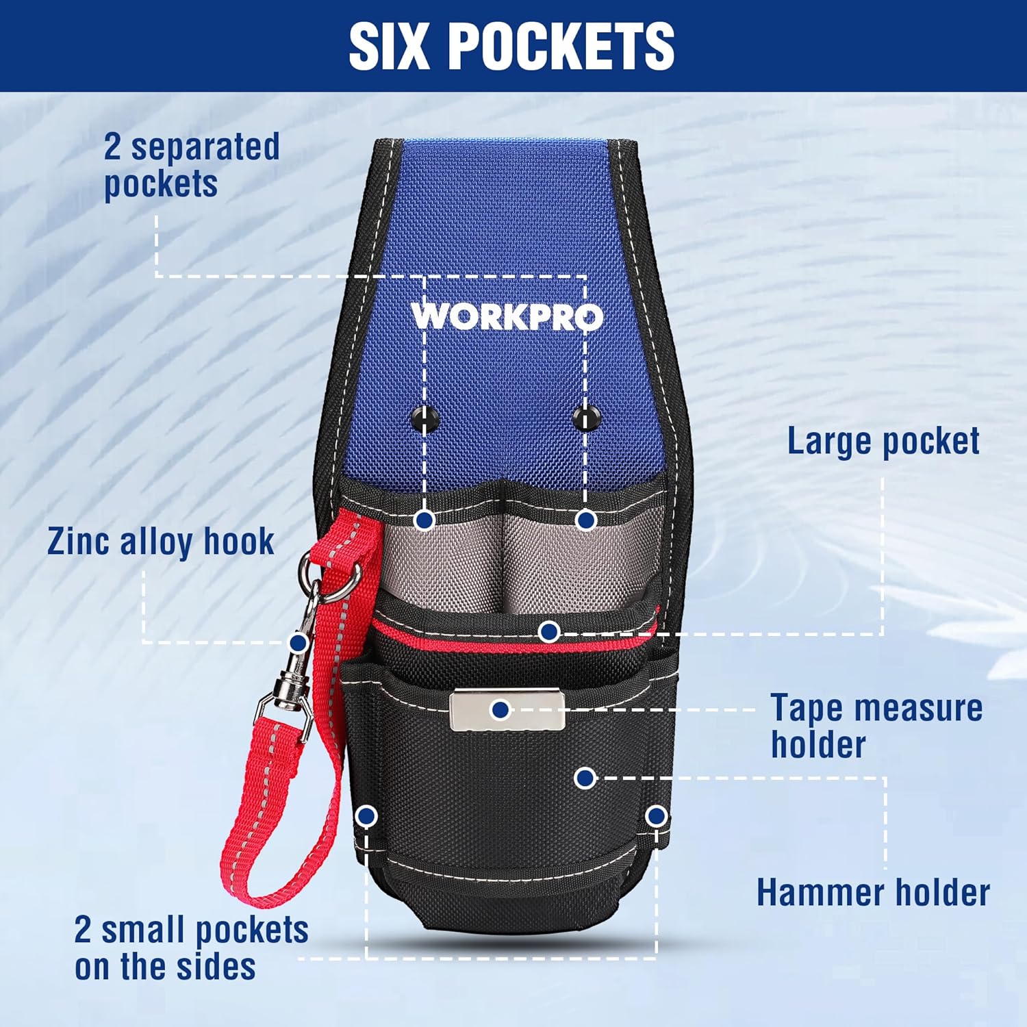 Six-pocket electrician tool holster with zinc alloy hook and hammer/tape holders