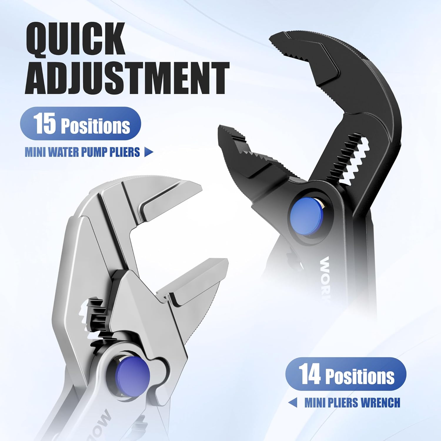 Dual mini pliers wrench with quick adjustment, black handles and silver jaws