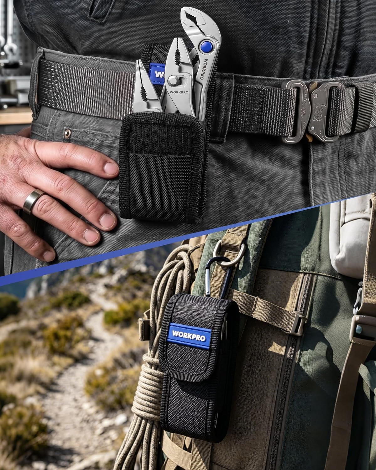 Mini pliers set carried on a tool belt with black fabric pouch and belt loops