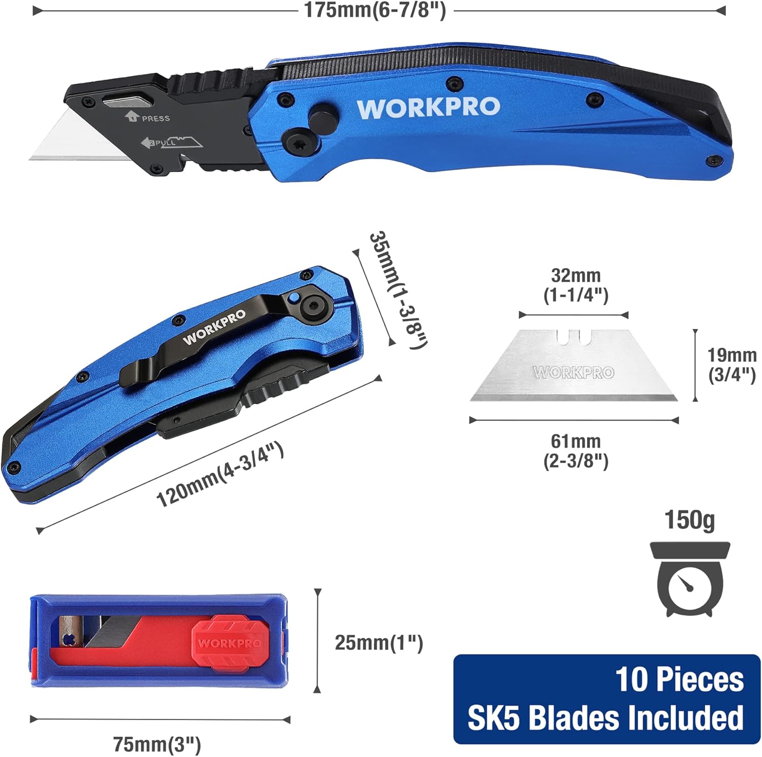 Blue and black folding utility knife with metal blade extended and lock tab