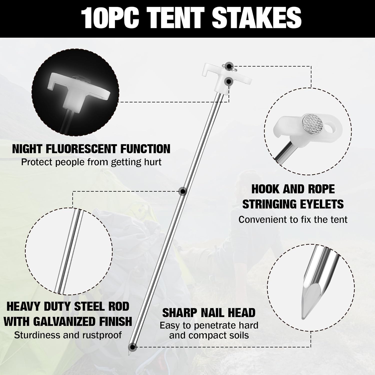 10PC tent stake set with galvanized steel rods and sharp nail heads