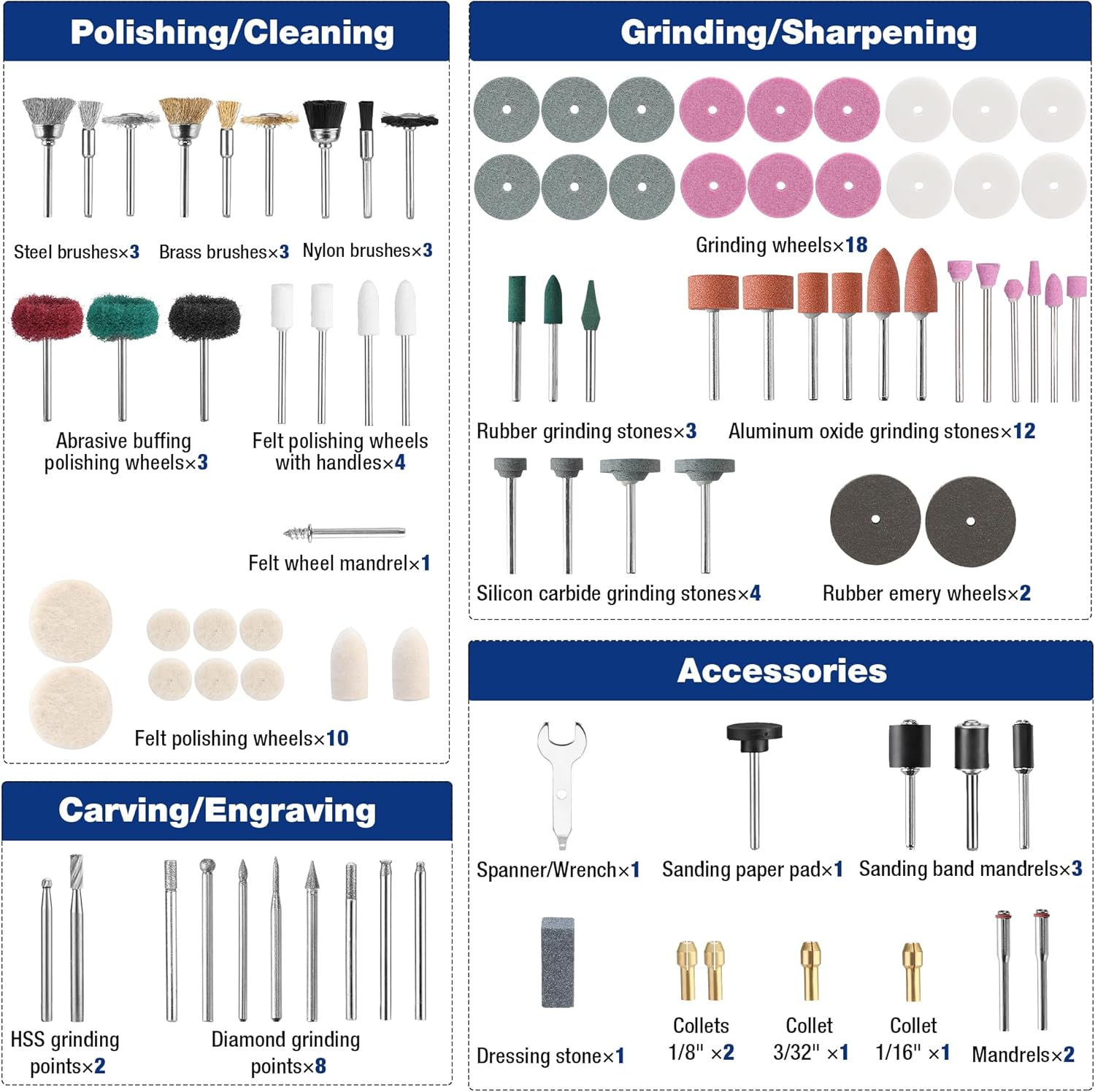 Polishing and grinding rotary attachments: brushes, wheels, mandrels and cleaning buffs