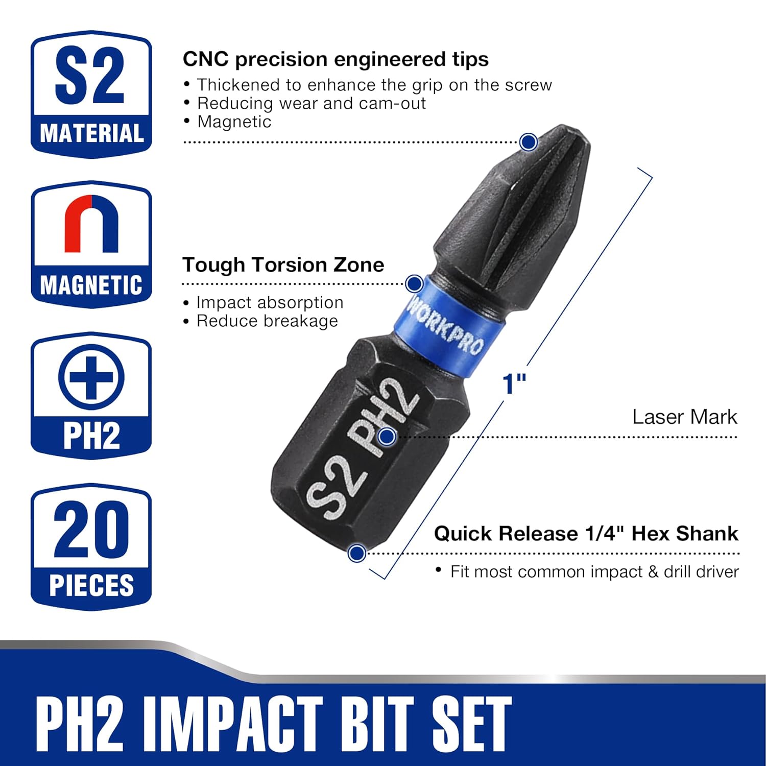 PH2 impact screwdriver bit with 1-inch length and 1/4-inch hex shank