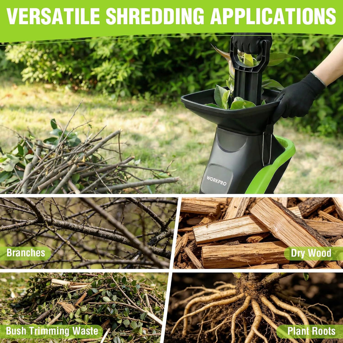 Electric garden shredder feeding yard branches into the hopper; green and black body.